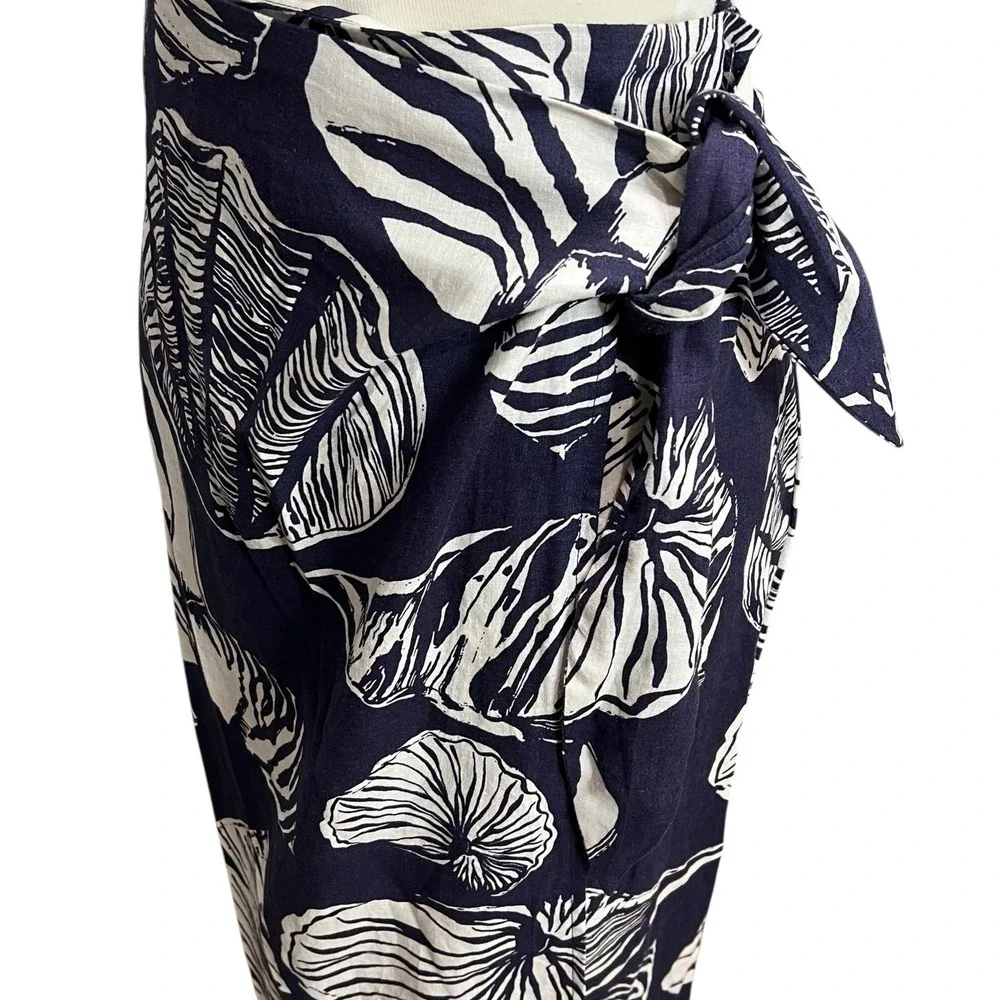 Nicole Miller Wrap Skirt XS Blue White Linen Blend Seashell Coconut Girl Resort - Picture 4 of 15